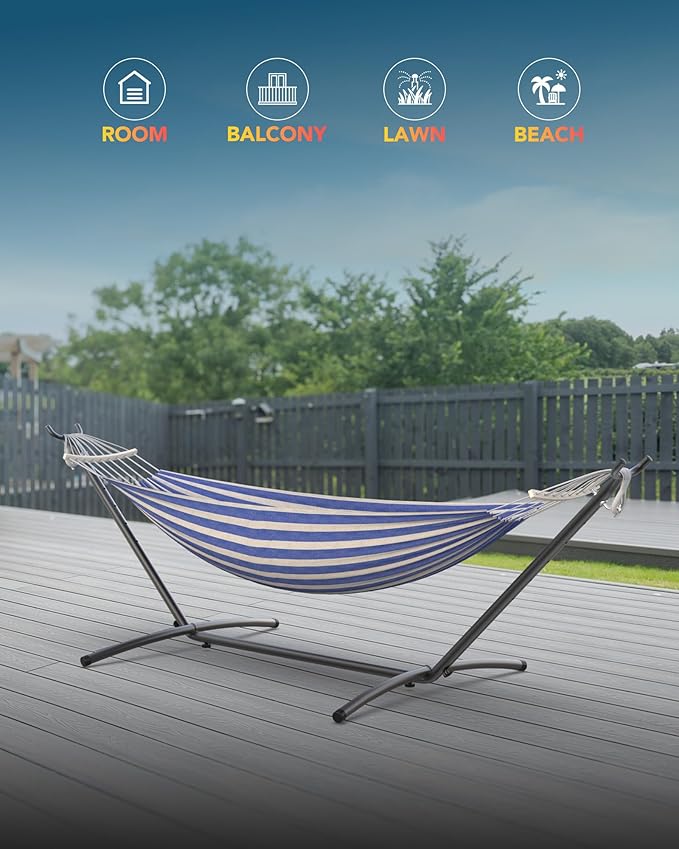 EveryFun Double Hammock with Heavy-Duty Steel StandPortableEasy Assembly600lbs Weight CapacityPerfect for IndoorYardCampingor Outdoor-BlueWhite
