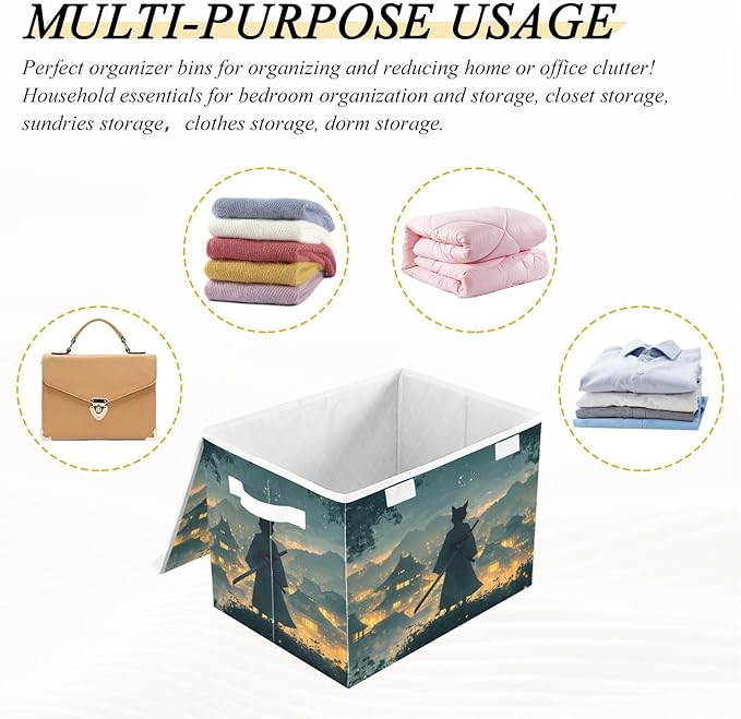 AIXIWAWA Lidded Storage Cube (Samurai Cat) Fabric Foldable Closet Bins with Flip Lid and Handles Organizer Basket Container 16.5 x 12.6 x 11.8 IN