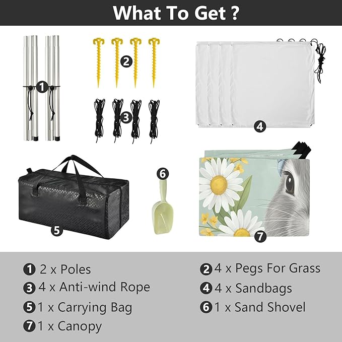 Easter Bunny Beach Canopy Sun Shelter with Sandbags &amp Sand Shovel &amp Windproof Ropes - Portable 110x126 Beach Shade Beach Tent for Camping Picnics