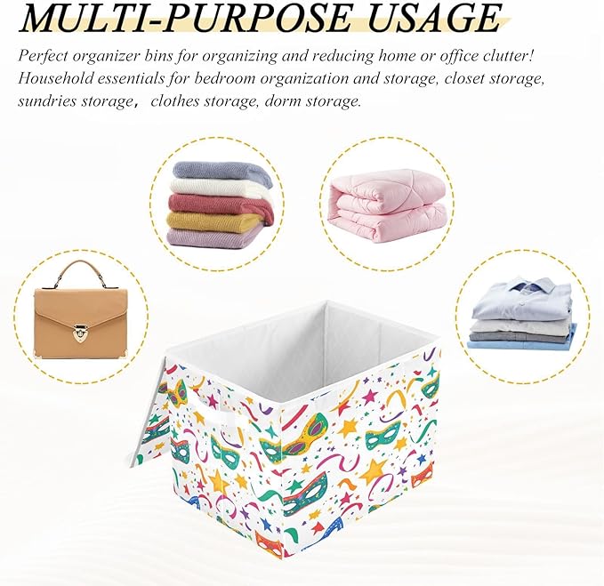 Christmas Storage Baskets with Lids Mardi Gras Masks Collapsible Bins Stackable Fabric Linen Baskets Closet Organizer Container 16.5x12.6x11.8