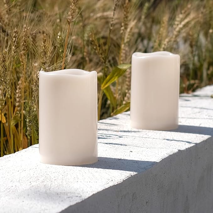 NONNO&ampZGF 4X6'' Outdoor IP44 Warm White LED Rainproof Waterproof Candles Flameless Battery LED Pillar Candle with Remote and Timer Resin No Melt 2 Pack