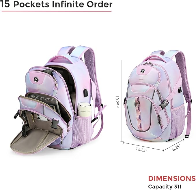 Swissdigital Laptop Backpack with USB Charging Port Travel Backpack Fits 15.6 inches Computer 31L Backpack for Women Pink Purple | SD803-104