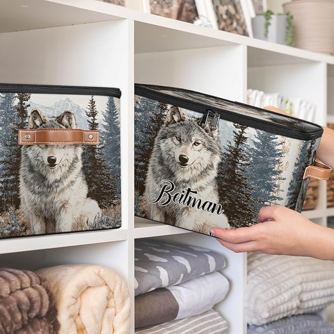 Storage-Bins with Lids Personalized Closet-Storage-Bins Under-Bed Stackable-Cubes-Box for Home Bedroom Wolf