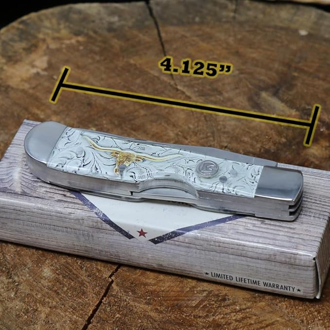 WHISKEY BENT HAT CO. Trapper &amp Locking Bullcutter Folding Pocket Knife 4.125 Closed Length 440C Stainless Steel Blades (Toro)