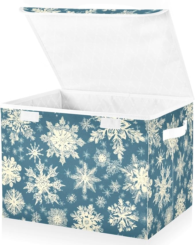 Pretty Christmas Snowflakes Blue Storage Box with Lid 1 PC Foldable Storage Bin with Lids Stackable Storage Bins Cube Closet Organizer Basket with Flip-Top Lid &amp Handles for Shoes Books Towels