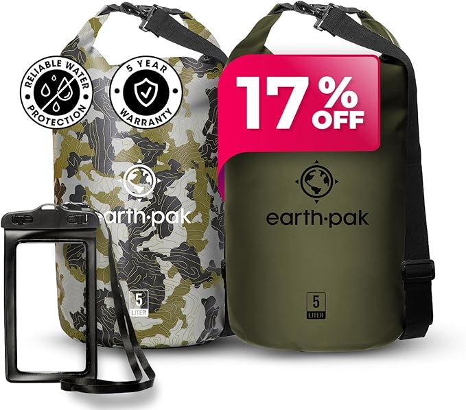 Earth Pak Waterproof Dry Bag - Roll Top Waterproof Backpack Camo 5L &amp Forest Green 5L