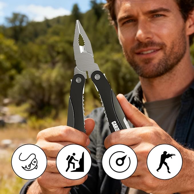 Car and Driver CAD-KH1034 12-in-1 Multitool with LED Flashlight – Stainless Steel USB Rechargeable Compact Folding Pocket Tool with Pliers Screwdrivers Knife Saw &amp More – Portable EDC Tool