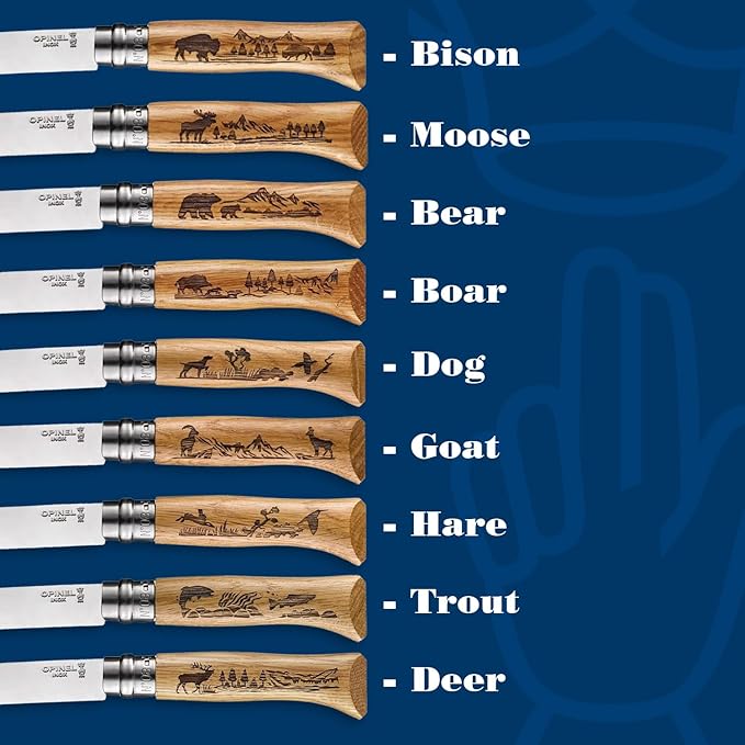 Opinel No.08 Engraved Oak Handle Folding Knife Animalia Collection Stainless Steel Blade Made in France (Trout)