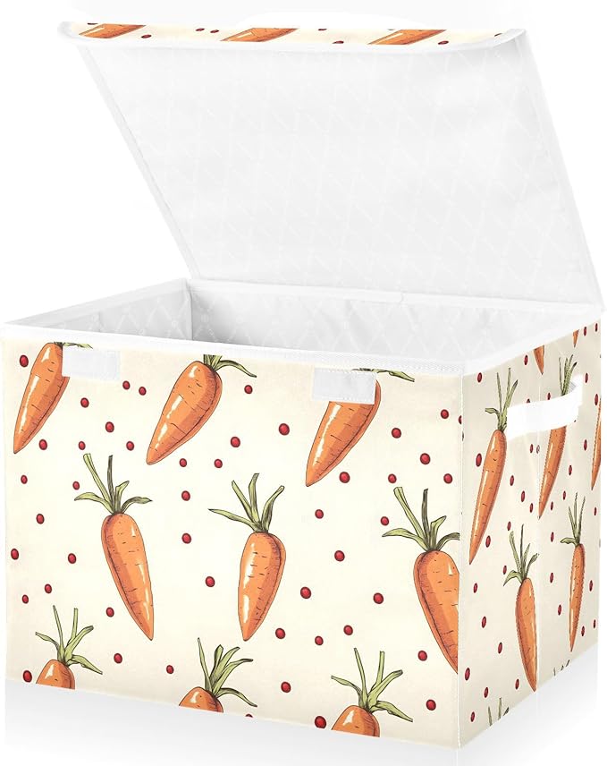 Carrot Cartoon Storage Cube Bins Basket with Lid Collapsible Flip-top Fabric with Handle for Home Bedroom Closet Office 16.5×12.6×11.8 in