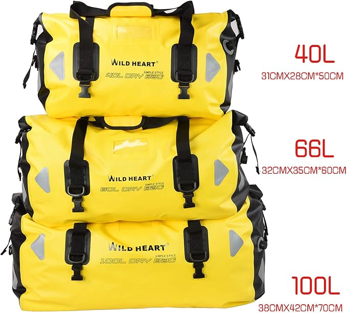 WILD HEART Waterproof Motorcycle Duffel Bag PVC500D Double-bottom With Rope Straps and Inner Pocket 40L 66L 100L for Kayaking Camping BoatingMotorcycle