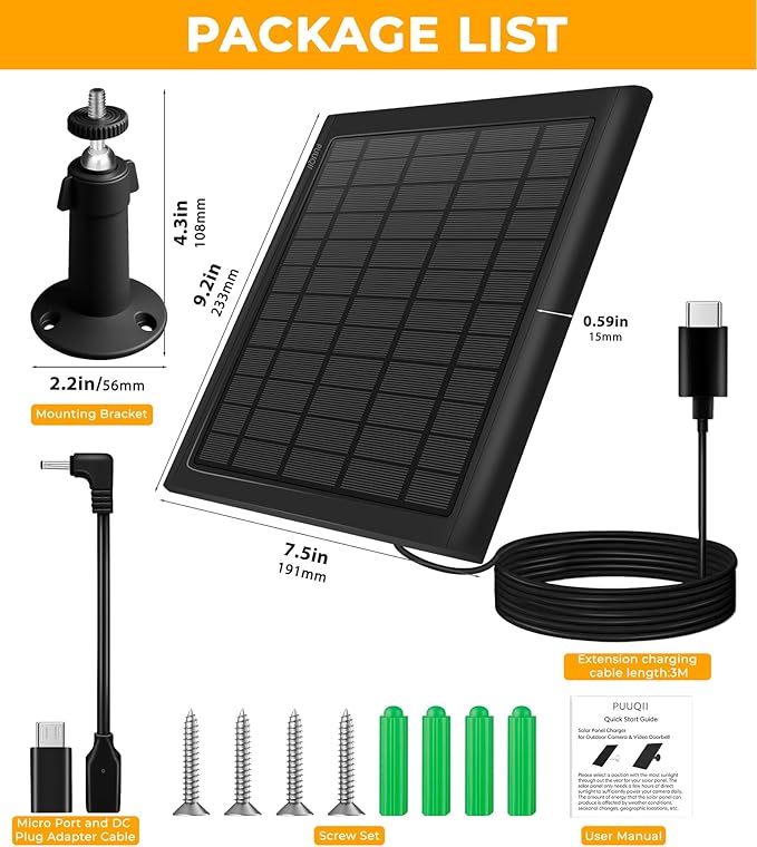 8W Solar Panel for Ring Camera 2-Pack Solar Panel Charger Compatible with Ring Stick Up Cam Battery Spotlight Cam Battery Includes Barrel Plug to USB-C Adapter IP65 Waterproof 10ft Cable