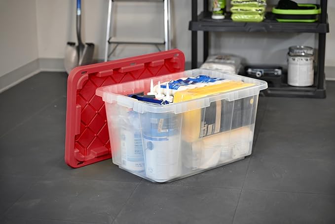 CX BLACK &amp YELLOW XTRA TALL 27-Gallon Heavy Duty Clear Storage Container &amp Snap-Tight Lid Clear &amp Red (28.5L x 19.4W x 15.2H) Weather-Resistant Stackable See-Through Organization Tote