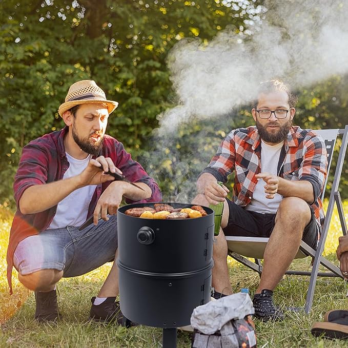 Charcoal BBQ Smoker 16 Inch Heavy Duty Grill with 2 Cooking Area and Thermometer 4 In 1 Vertical Smokers Grill for Outdoor Camping Backyard Picnic Party