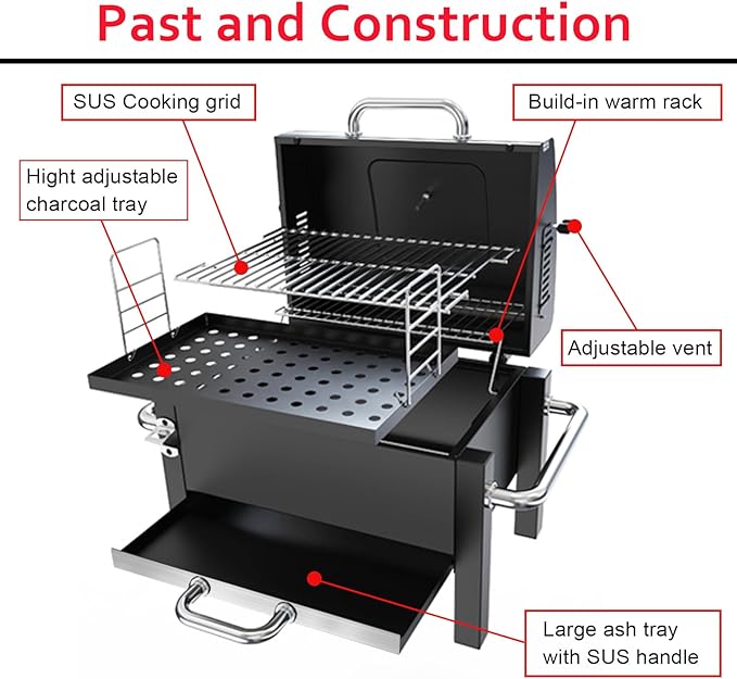 BBQCuker Portable Charcoal Grill with Warming Rack Tabletop Charcoal Grill Small BBQ Grill with Thermometer(100-800°F) Outdoor Charcoal Smoker for Camping Picnic Hiking Beach and Travel