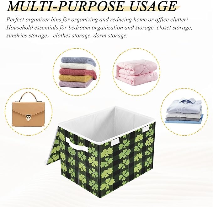 Clover Stripes Fabric Storage Bins with Lids and HandleFoldable Storage Bins with LidsCloset Organizers for Clothes Storage Room Organization Office Storage Chest Organizer