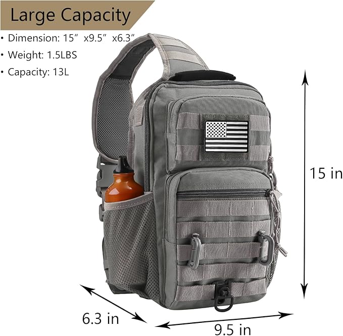 Rover Sling Pack Tactical Shoulder Sling Bag Backpack with Bottle Holder Crossbody Chest Bag Grey