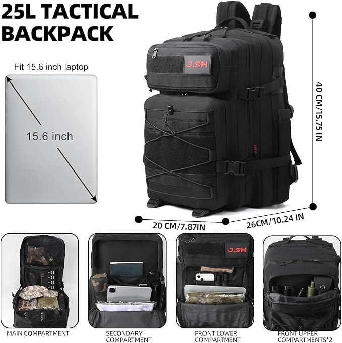J.SH Daily 25L Military Tactical Backpack for Men EDC MOLLE Backpack 900D Oxford Nylon Assault Rucking Pack Portable Tactical Gear for Outdoor Hiking Gym Rugged Survival &amp Bug Out Bag - Blac