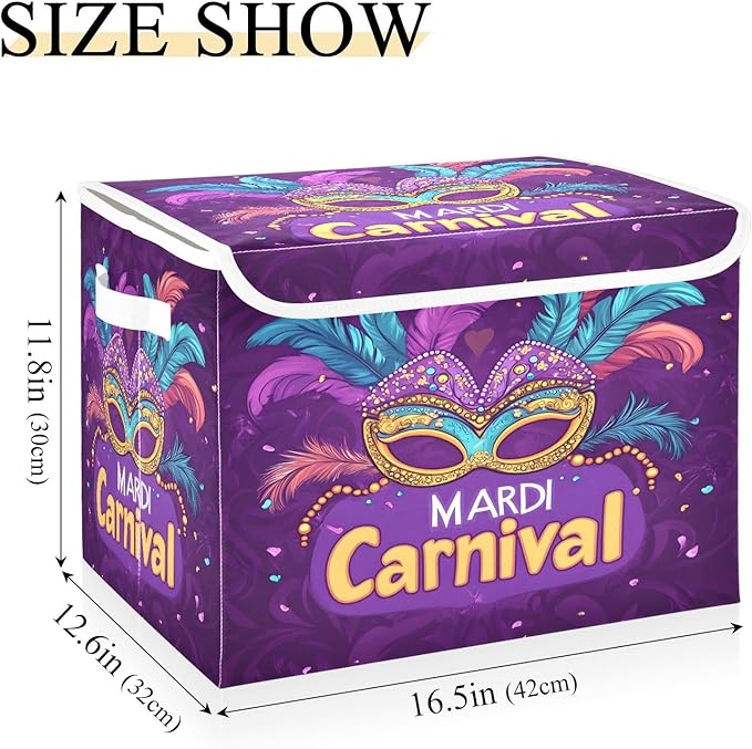 Mardi Gras Mask Storage Baskets with Lids Collapsible Bins Stackable Fabric Linen Baskets Closet Organizer Container 16.5x12.6x11.8