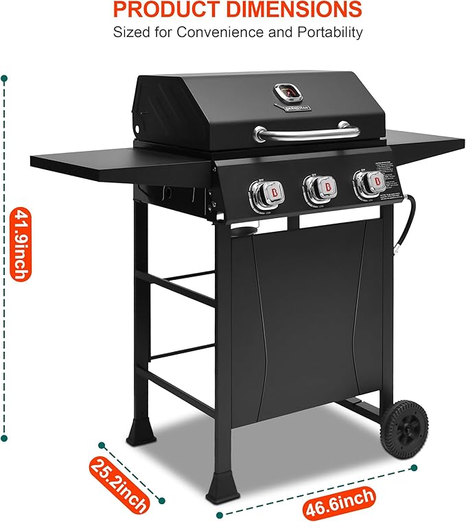 BRANDMAN GRILLS SINCE 1987 3-Burner Propane Gas Grill 27000 BTU BBQ Grill with Porcelain-Enameled Grates Built-In Thermometer Side Shelves Heavy-Duty Wheels – Outdoor Grill for Patio &amp Backya