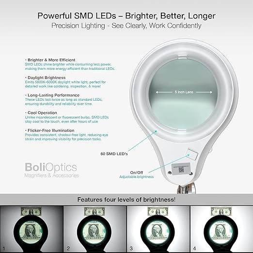 (5 inch Glass Lens) Professional LED Magnifying Lamp with Clamp Dimmable 1200 Lumens 5600K-6000K Daylight Bright 60 SMD LED Work Light Mounting Bracket Clamp (3 Diopter) BoliOptics MG16303121