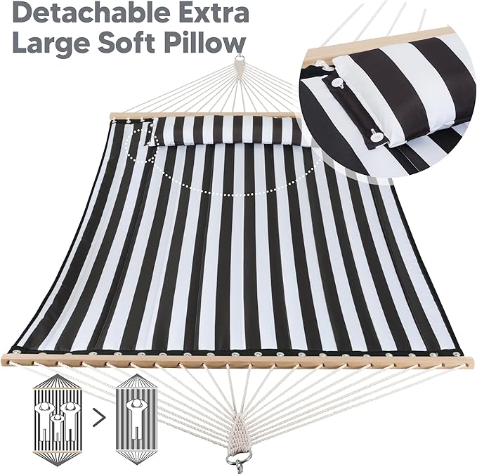 SUNCREAT Double Quilted Hammock with Hardwood Spreader Bar Extra Large Soft Pillow Heavy Duty 2 Person Hammock for Indoor Outdoor Black Stripes