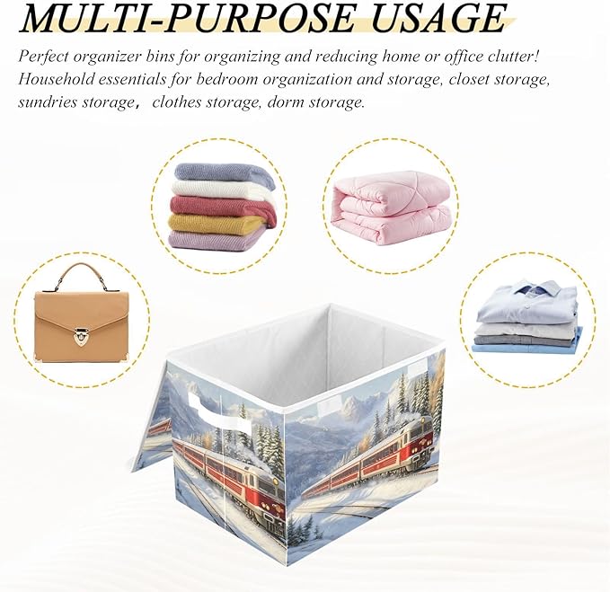 Storage Cube with Lid Snow Train Print 16.5×12.6×11.8 IN Collapsible Large Capacity Foldable Storage Basket Bin Organizer