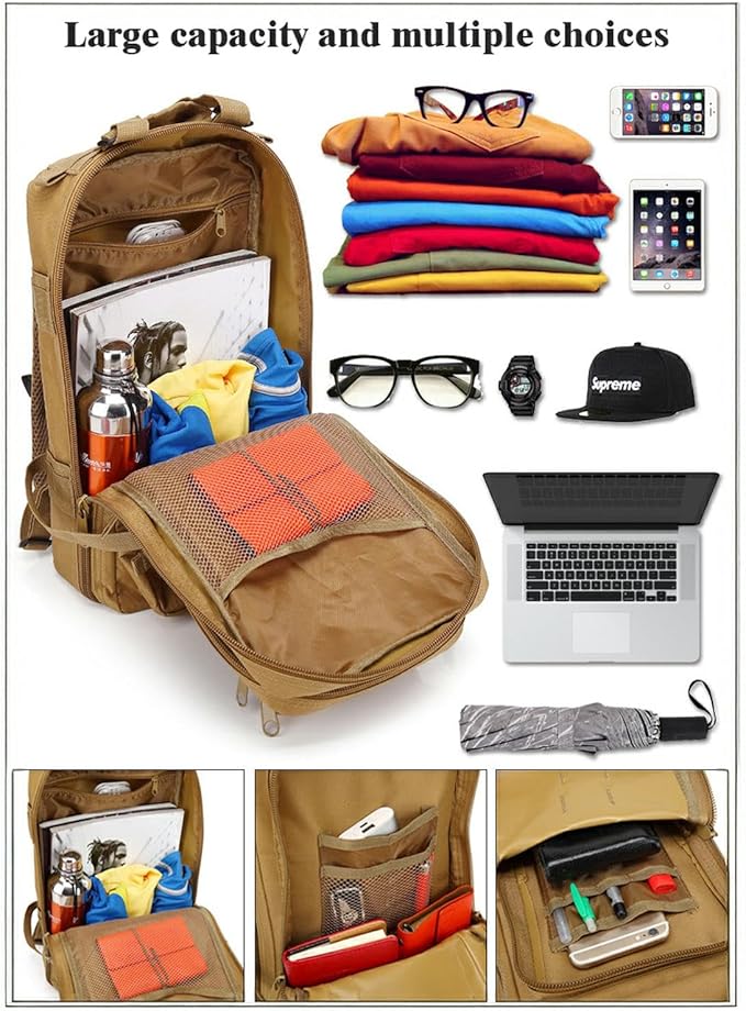30L Comfortable Durable Military Tactical Backpack w/USA Flag Patch MOLLE Hiking Camping Travel Bag(khaki)