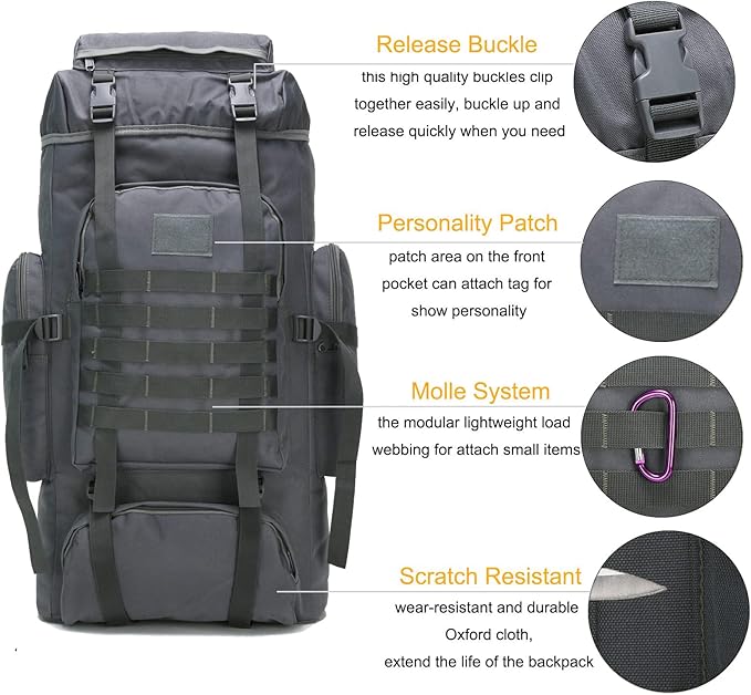 70l Hiking Backpack for Men Waterproof Military Camping Rucksack Travel Daypack