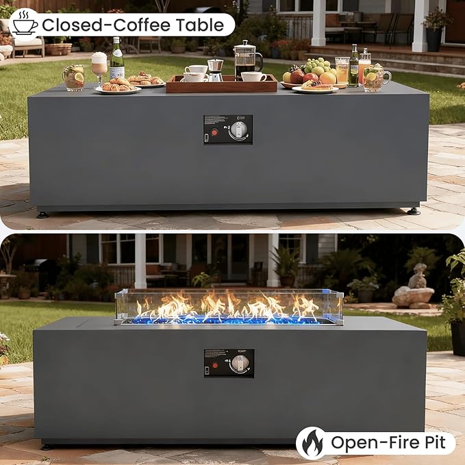 42 Propane Fire Pit Table Set with Tank Holder Rectangle 2-Piece Outdoor Firepit Wind Guard Lid Glass Stones and Cover