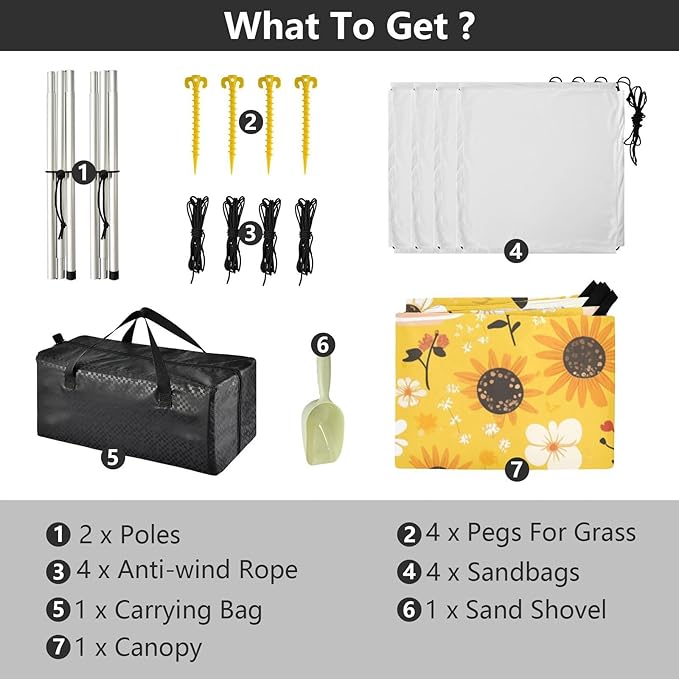 Black White Cow Print Sunflowers Foldable Beach Tent UPF50+ Lightweight Large Sun Shelter with Sandbags and Shovel for Camping Fishing Backyard Fun