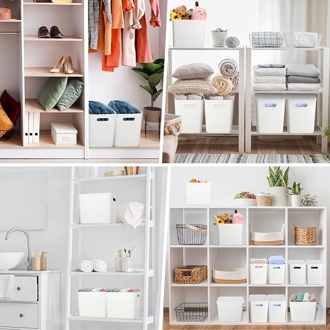 Honeydak 6 Pcs White Plastic Storage Bins with Lids 11.81 x 8.07 x 9.84 Plastic Storage Baskets Boxes Stackable Containers with Lids Organizer Bins for Shelves Drawer Playroom