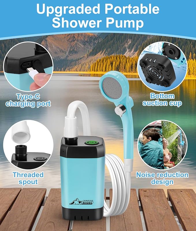 WADEO Portable Shower for Camping 6000mAh Outdoor Electric Shower Rechargeable Pump with Intelligent Digital Display Camping Shower Head Nozzle for Camping Hiking Traveling Washing