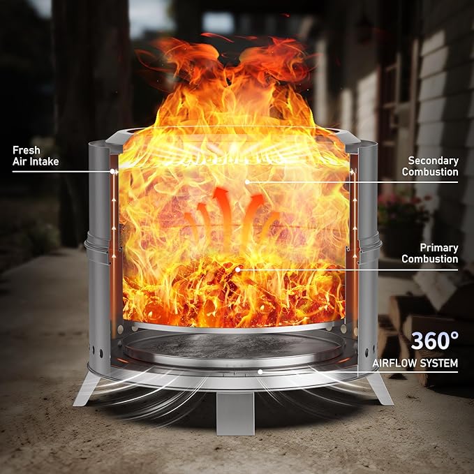 Breezz Smokeless Fire Pit 19.3 Inch Stainless Steel Outdoor Wood Burning Firepit with Carry Bag Portable Bonfire Stove for Backyard Patio Camping and Picnic Efficient Airflow &amp Low Smoke Desi