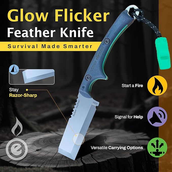 OUTDOOR ELEMENT Flicker Feather Knife Wise Owl GLOW - Right-Handed Survival Chisel Blade for Camping Hunting Culinary Knives &amp Bushcraft - Fixed Blade with Sheath Firestarter and Emergency Whis