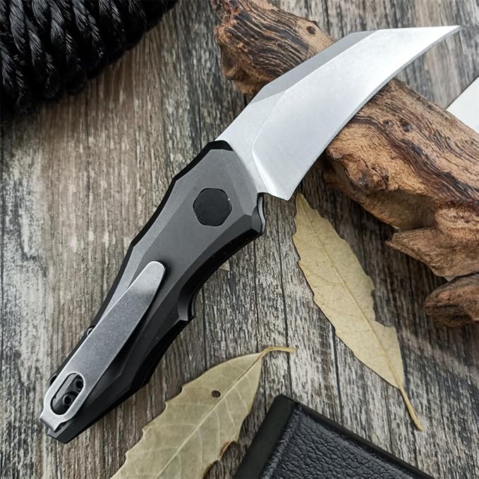HUAAO Push Button Knife Spring Assisted Opening EDC Folding Pocket knives For Men2.08 inch 8Cr13Mov Hawkbill Bladegray aluminum handleWith Deep Carry Pocket Clip