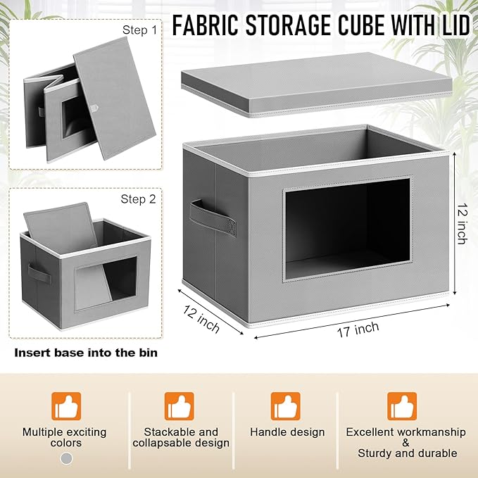 Threehoney 10 Pcs Fabric Storage Cubes with Lids and Clear Windows 17x12 Inch Foldable Closet Organizer Bins Aesthetic Dark Gray Storage Bins for Shelves Dorm Essentials Craft &amp Office Organizatio