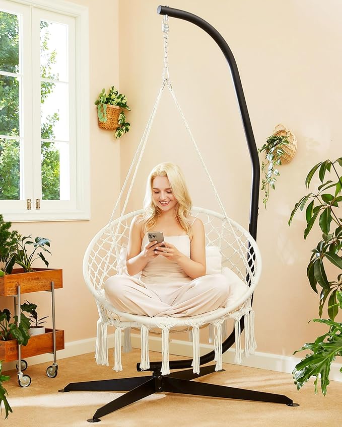 Greenstell Hammock Chair Macrame Swing Chair with Comfy Cushion Boho Hanging Chair for Outdoor &amp Indoor Perfect for Bedroom Patio Balcony Hold up to 350Lbs White
