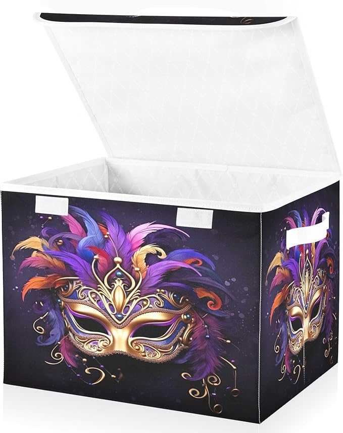 Christmas Storage Baskets with Lids Carnival Masquerade Mask Collapsible Bins Stackable Fabric Linen Baskets Closet Organizer Container 16.5x12.6x11.8