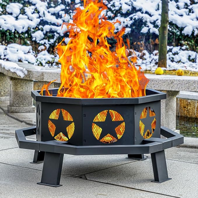 Panovue 35 inch Fire Pit for Outside Heavy Duty Wood Burning Fire Pits with Fire Poker Outdoor Octagonal Firepit for Camping Yard Patio