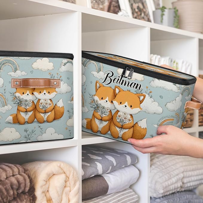 Storage-Bins with Lids Handle Customized Stackable-Storage-Bin for Kids-Boys-Girls-Toys Cube Collapsibl Basket Fox Floral