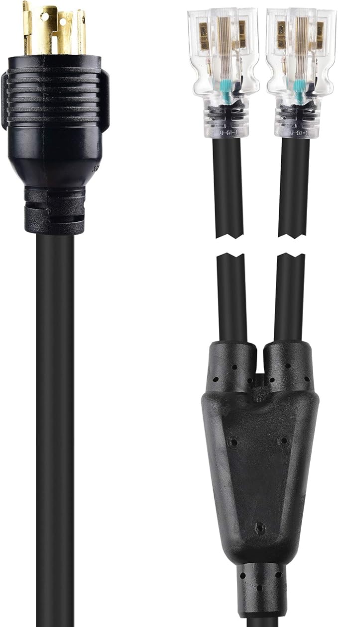 Cable Matters LED-Lit 4 Prong 30 Amp to 15 Amp Adapter for Generator - 30 Inches NEMA L14-30P to 2X 5-20R 30A to 110 Adapter Splitter