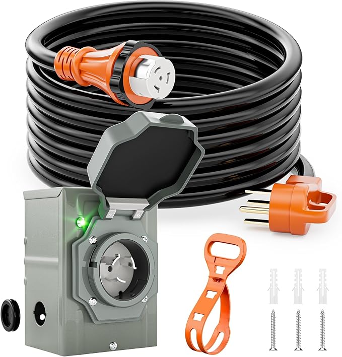 50 Amp Generator Cord and Pre-Drilled Inlet Box Kit 25ft Generator Cable Extension 50A 4 Prong NEMA 14-50P to SS2-50R with Twist Lock Heavy Duty STW Wire for RV Camper &amp House ETL Listed