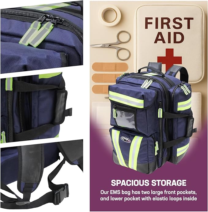 Kemp USA Premium Ultimate EMS Backpack for Men - Tactical Backpack Made with 1680 Denier Nylon - First Aid Kit EMS Bag with Multiple Pockets and Pouches - with D Tank Cylinder Straps (Premium Navy)