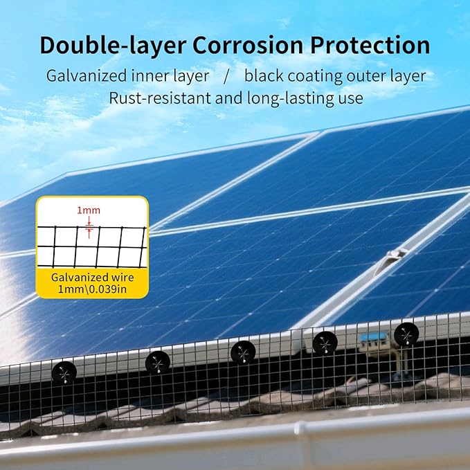 Solar Panel Bird Guard6in X 100ft Critter Guard for Solar Panels1/2inch mesh Black Coated Galvanized Rust-Resistant Netroof Protection net Kitwith 80 Fastener Clips and Cutting Scissor