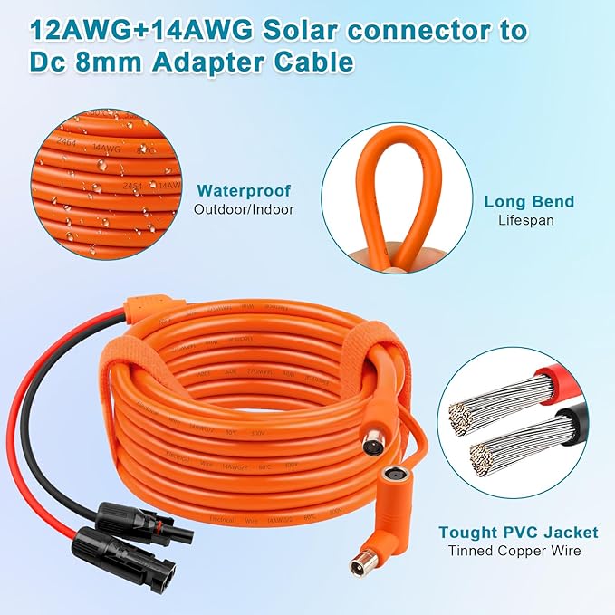 XRDS -RF Solar Panel to DC 8mm Adapter Cable 15FT Solar Connector to DC7909/8020 Male Plug Extension Cord 12AWG+14AWG Tinned Copper Wire Compatible with Portable Power Station