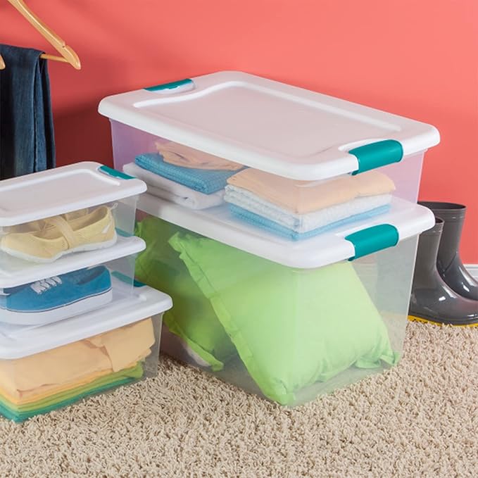 Sterilite Storage System Solution with 32 Quart Clear Stackable Storage Box Organization Containers with White Latching Lid 7 Pack