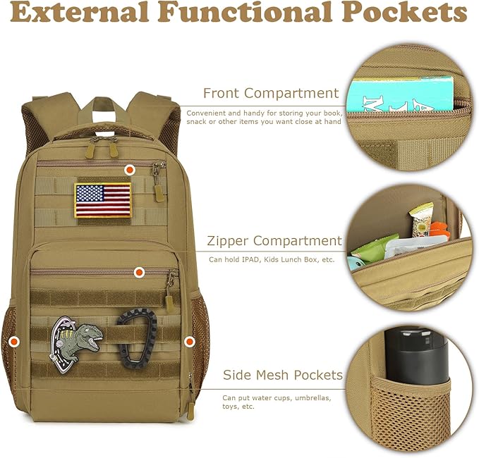 Kids tactical Backpack for Boys School Bag 20L mini Children Backpack for Outdoor Camping Travel (Brown)