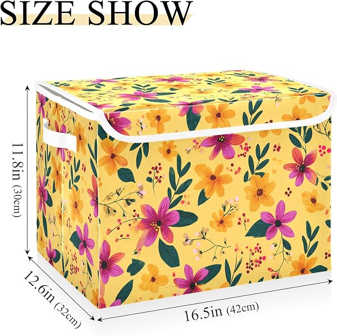 Bright Yellow Spring Flower Storage Box with Lid 1 PC Foldable Storage Bin with Lids Stackable Storage Bins Cube Closet Organizer Basket with Flip-Top Lid &amp Handles for Shoes Books Towels