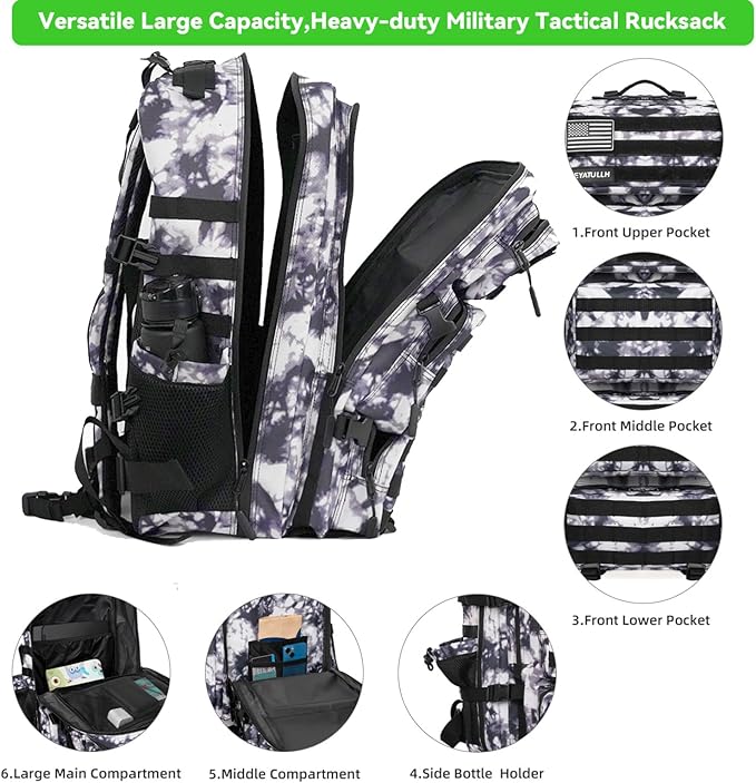 Military Tactical Backpack 55L for Men &amp Women Bug Out Bag Assault pack Molle Daypack Hiking Trekking Rucksack (Black and white tie dye)