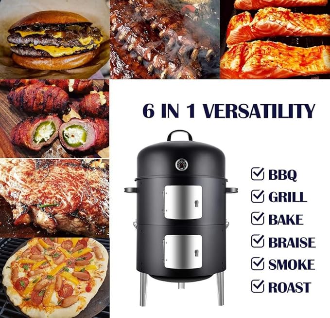 16 BBQ Smoker Grill Built in Thermometer Air Vent and Two more biger Access Doors Multi-Layer Meat Smoker Grill with 3 Heat-resistant Handles Ideal for Outdoor Cooking Camping BBQ